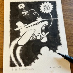 Schwarz-Weiß-Zeichnung eines Flugzeugs, das durch den Himmel fliegt, mit einer Person, die mit dem Fallschirm abspringt, Musiknoten über ihrem Kopf und Sprechblasen im Comic-Stil. Ein Markierungsstift zeigt auf die Ecke, auf der das Datum 17.10.2025 steht.