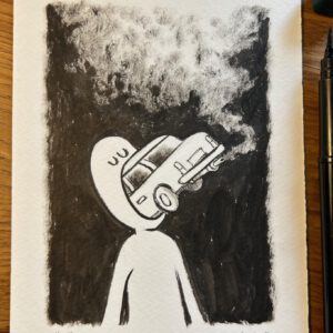 Eine Schwarz-Weiß-Zeichnung einer Figur mit einem Kopf in Form eines offenen Mundes, aus dem ein Auto mit Auspuffgasen herauskommt. Der Hintergrund ist rauchig. Darunter ist das Datum 18.10.2023 zu lesen.