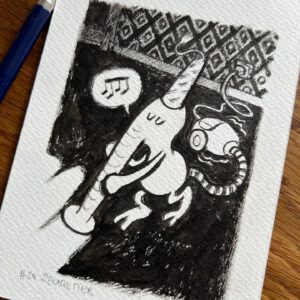 Schwarz-Weiß-Zeichnung eines Einhorns, das einen Teppich staubsaugt, wobei Musiknoten aus dem Staubsauger kommen. Der Hintergrund besteht aus einer gemusterten Wand und das Einhorn scheint fröhlich zu putzen. Ein blauer Stift ruht neben dem Kunstwerk.