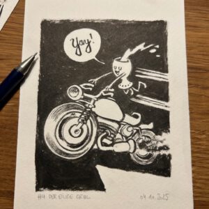 Schwarz-Weiß-Zeichnung eines Gespenstes, das auf einem Motorrad fährt und Rauchspuren hinterlässt. Der Geist sagt in einer Sprechblase "Yay!". Ein Stift ruht neben der Zeichnung auf einer hölzernen Oberfläche.