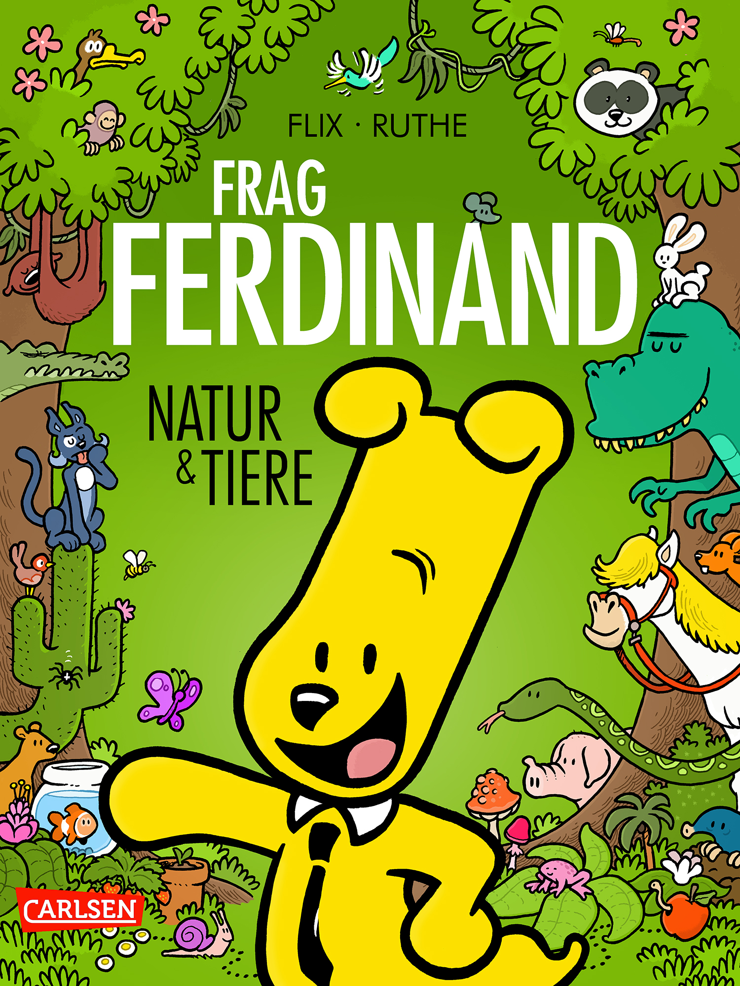Ein gelber Cartoon-Bär mit Krawatte winkt auf einem lebendigen Buchumschlag, umgeben von verschiedenen illustrierten Tieren wie einem Dinosaurier, einem Koala, einem Kaninchen und Vögeln, mit Bäumen und Grünzeug im Hintergrund. Der Text lautet Frag Ferdinand - Natur & Tiere.