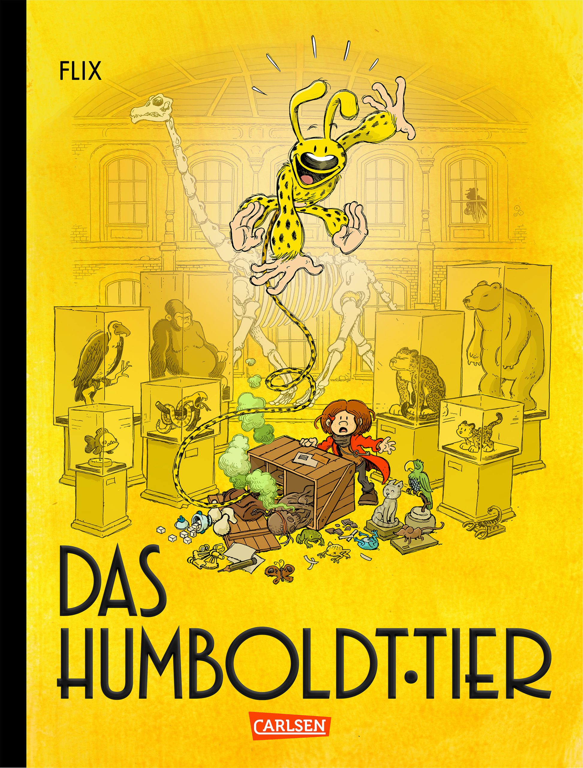 Ein Cartoon-Cover zeigt eine überraschte Frau an einem unordentlichen Museumstisch, als eine gelbe, gefleckte Kreatur über sie springt. Tierische Ausstellungsstücke und ein Dinosaurierskelett füllen den Hintergrund. Der Text lautet: Das Humboldt-Tier von Flix.