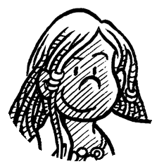 Schwarz-Weiß-Zeichnung eines Mädchens mit langem, gewelltem Haar und neutralem Ausdruck, das leicht nach oben schaut. Die Illustration ist mit diagonalen Linien schattiert und hat einen cartoonartigen Stil.