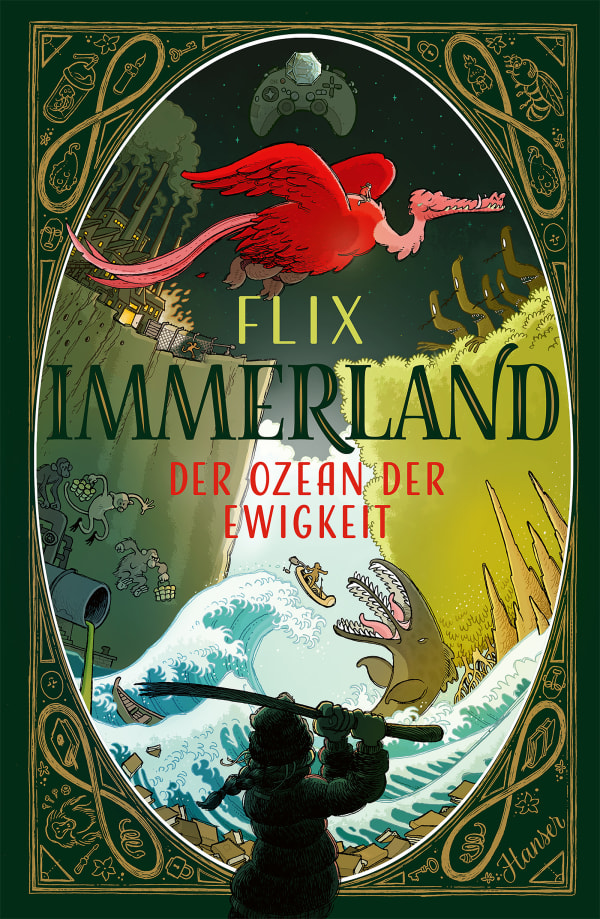 Bunte Buchcover-Illustration für Immerland: Der Ozean der Ewigkeit von Flix, mit einem roten Vogel, der über einen chaotischen Ozean mit einem Boot, Seeungeheuern, einem Roboter und verschiedenen fantastischen Elementen fliegt.