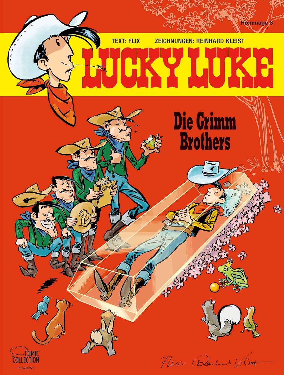 Comic-Titelbild mit dem lächelnden Lucky Luke oben. Darunter umringen Cowboy-Banditen mit Musikinstrumenten zwei Männer (die Gebrüder Grimm) in einem Glassarg. Tiere schauen zu, und der Hintergrund ist leuchtend rot und gelb.